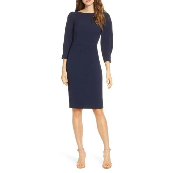 ELIZA J PLEATED 3/4 SLEEVE SHEATH DRESS IN NAVY NWT WOMEN'S‎ SIZE 2 - Picture 1 of 16